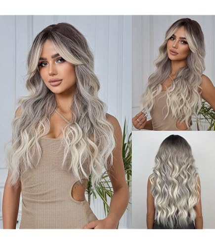 Long Wavy Silver Dark Ombre Heat Resistant Wig Amazon.com: Kalisa Long Wavy Ombre Black to Grey Lace Front  main image 4