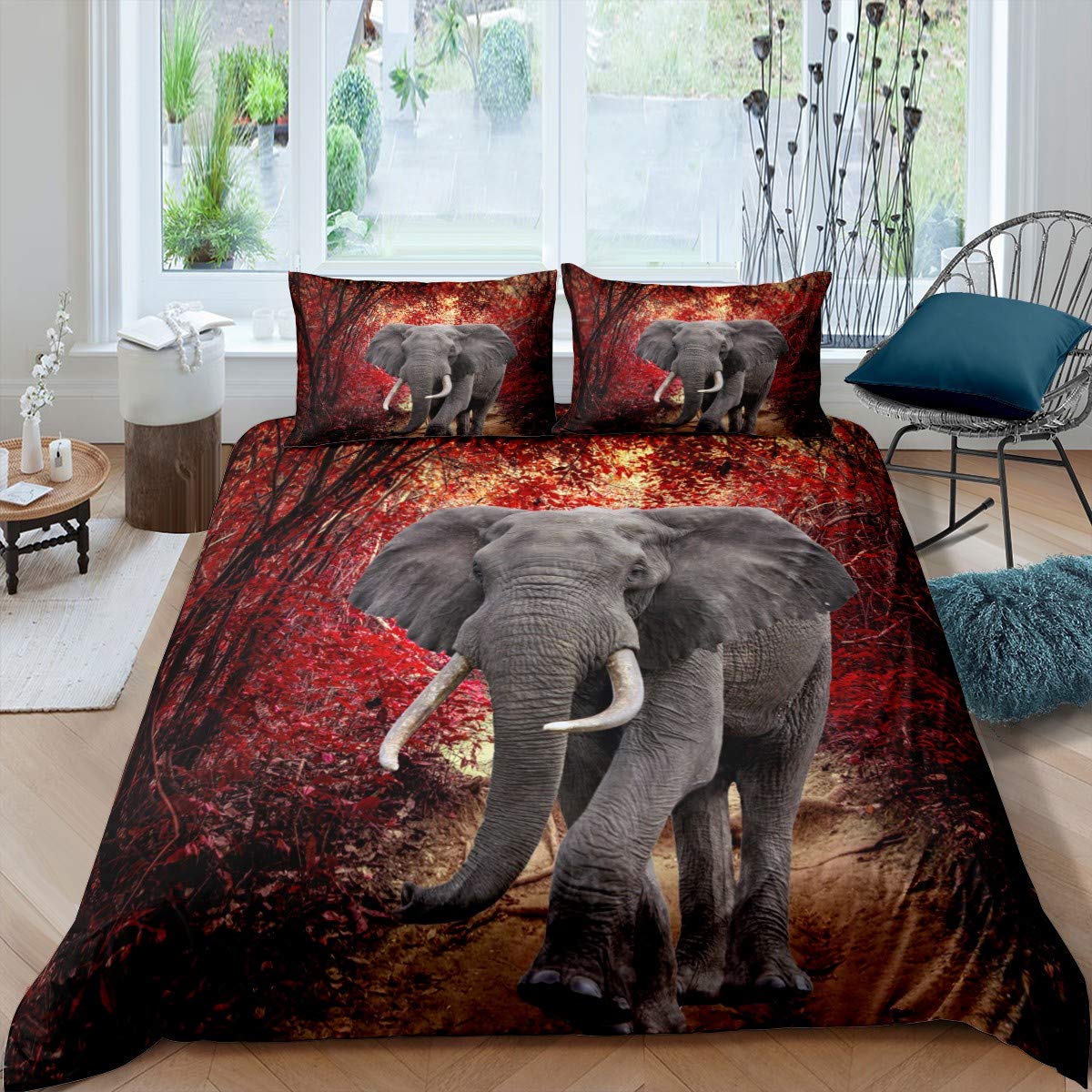 Loussiesd Elephant Bedding Set Maple forest Wooden Scene Duvet Cover Set for Kids Adults Wild Animal Printed Comforter Cover Natural Scenery Quilt Cover Bedroom Collection 3Pcs King(No Comforter) Size — image 1