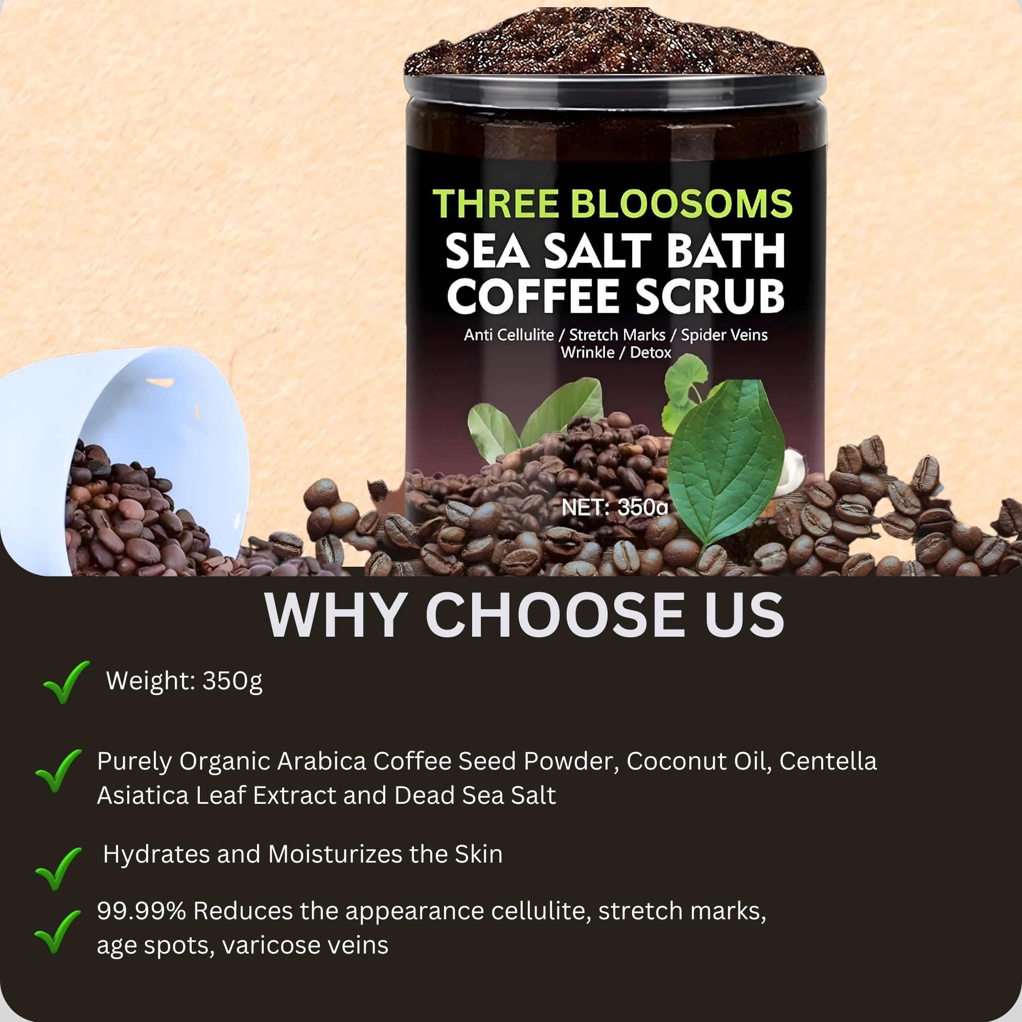 Coffee Scrub Body Exfoliator, 350g Anti Cellulite, Anti aging, Fights Stretch Marks, Wrinkles, Spider Vein Therapy for Men and Women, with Coffe-Seeds Sea Salt Coconut Oil (350g, Coffee Scrub)
