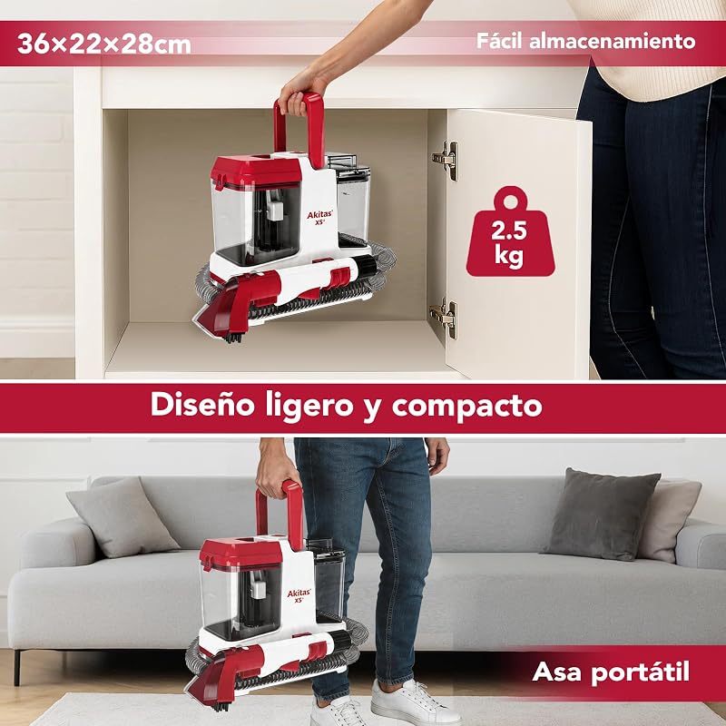 X5 Aspiradora de Agua Tapicería con Función Autolimpieza, 30ml Solución Concentrada, Portátil para Mascotas, Sofás, Colchones, Alfombras, Coches, Depósito Doble
