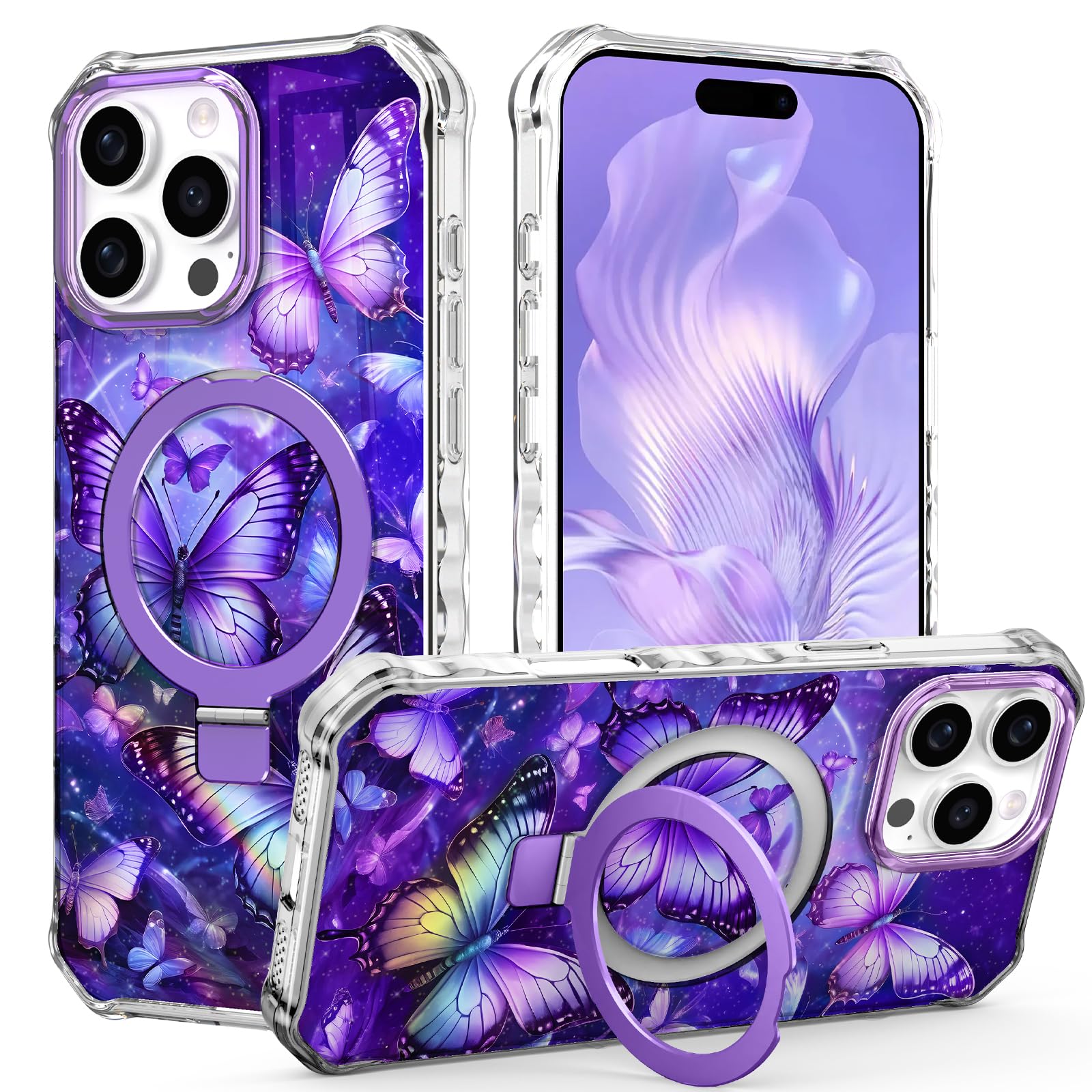 Shecaset for iPhone 16 Pro Max Case, [Compatible with MagSafe] [Invisible Magnetic Ring Stand], Slim Matte Wavy Frame Women Girls Case for Apple iPhone 16 Pro Max 6.9" (2024), Purple Pattern