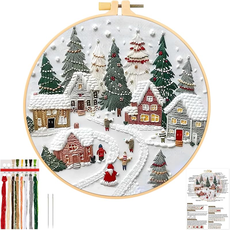 JSRQT Christmas Embroidery Starter Kit for Beginners with Hoop and Threads