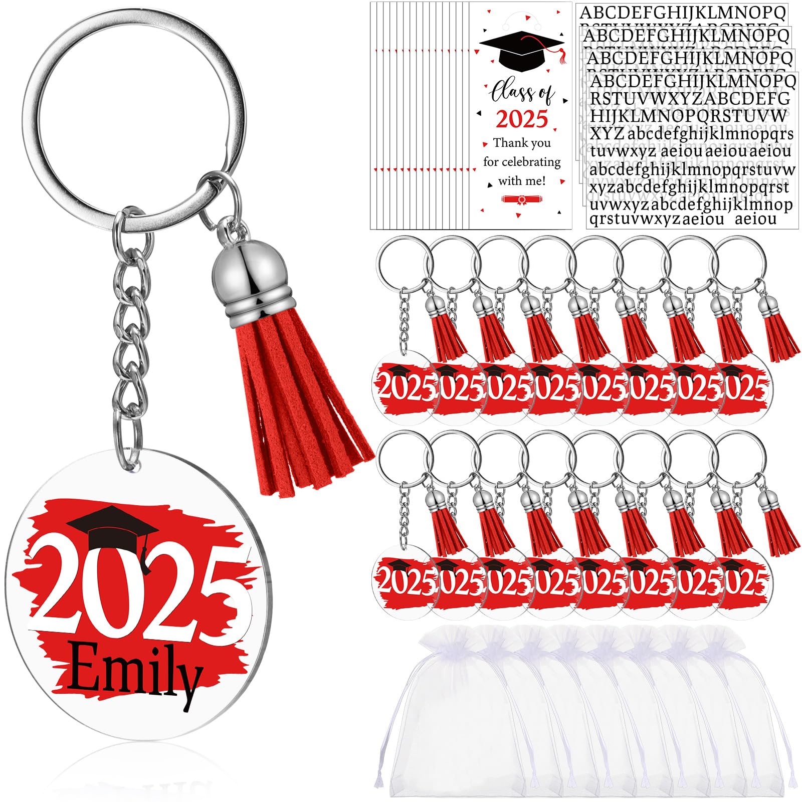 Photo 1 of Geelin 16 Sets Class of 2025 Graduation Custom Name Keychains with Tassel and UV Sticker for DIY Name Graduation Party Favors(Red)