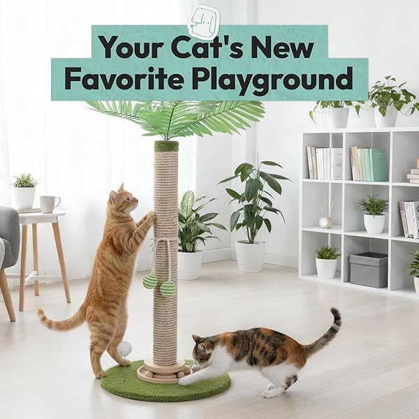 POMESEA CAT SCRATCHING POST 34 INCH WITH ROTATING TURNTABLE AND REMOVABLE HANGING BALL, CAT SCRATCHER FOR INDOOR CATS, ULTRA STABLE BASE, PAW-FRIENDLY JUTE MATERIAL, GREEN BASE