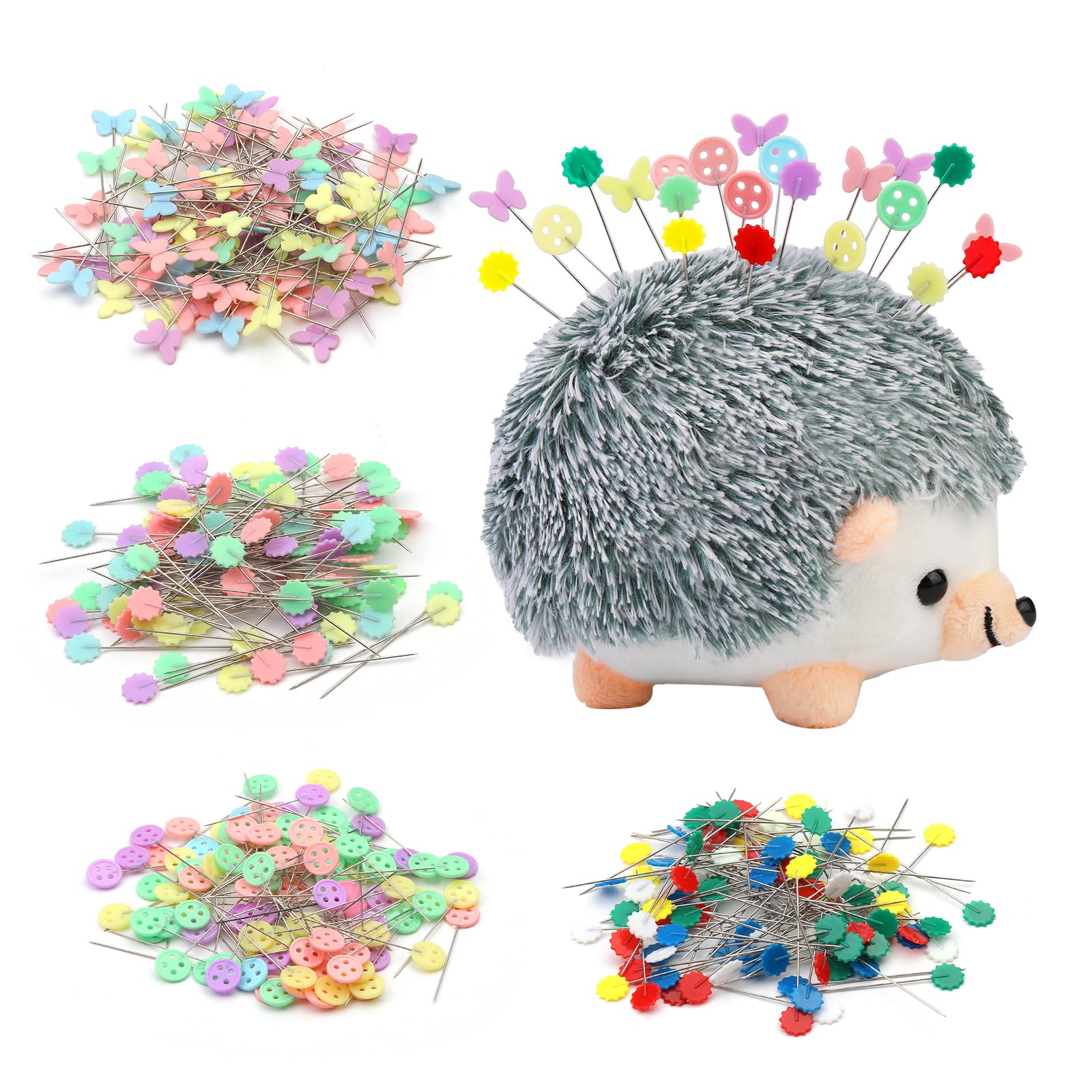 Fteven 400 Pieces Flat Head Straight Pins Hedgehog Pincushion Kit, Cute Pincushion with Clear Storage Box and Quilting Pins, Colorful Head Straight Sewing Pins for Handicrafts DIY Sewing