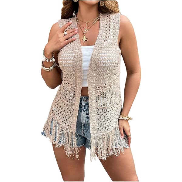 SOLY HUX Women's Plus Size Fringe Vest - Open Front Sleeveless Western Jacket For Concerts & Casual Wear