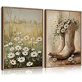 2pcs Daisy Field and Country Boots Canvas Wall Art Vintage Farmhouse Style Artwork Painting Floral Cowboy Boots Poster Print Suitable for Living Room Bedroom Kitchen Home Decor 12 x 16 inch Unframed
