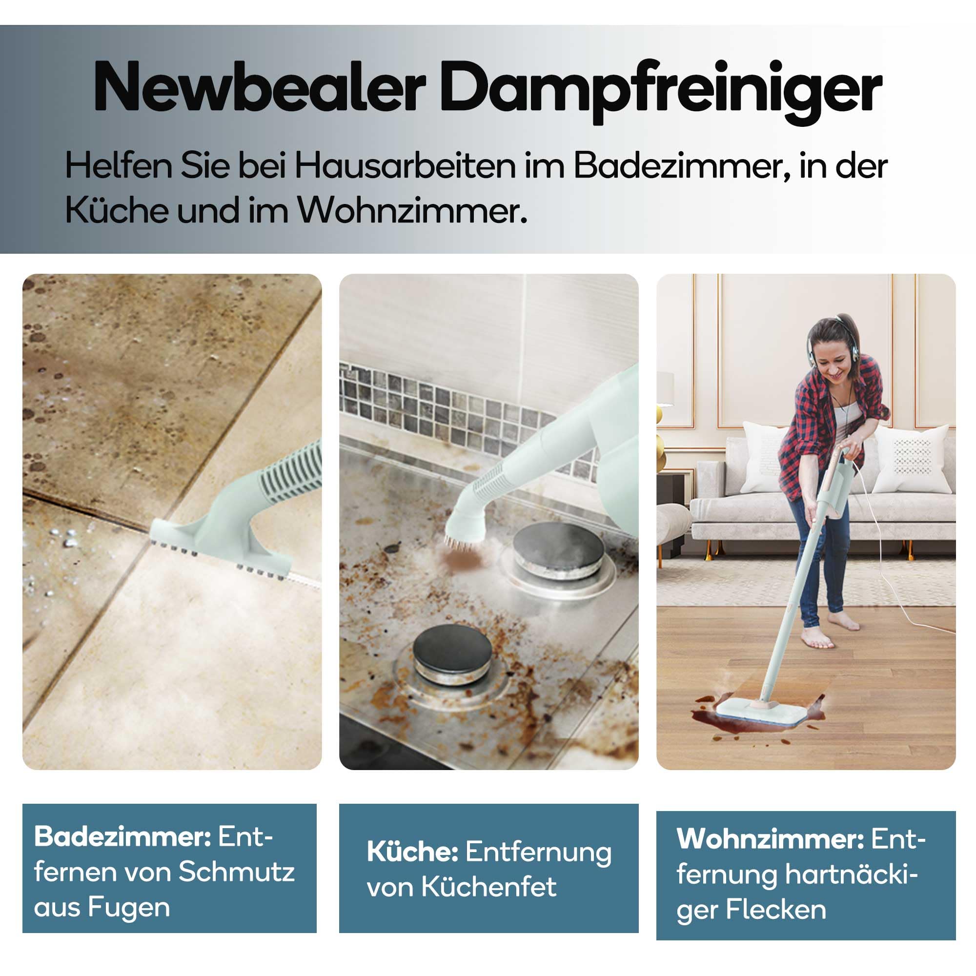 Newbealer 2-in-1 Dampfreiniger, 1200W Handgerät mit abnehmbarem Reiniger, 3 Dampfstufen, 7 Zubehörteile und 2 Mikrofaserpads, Ideal für Alle Böden, Teppiche 9