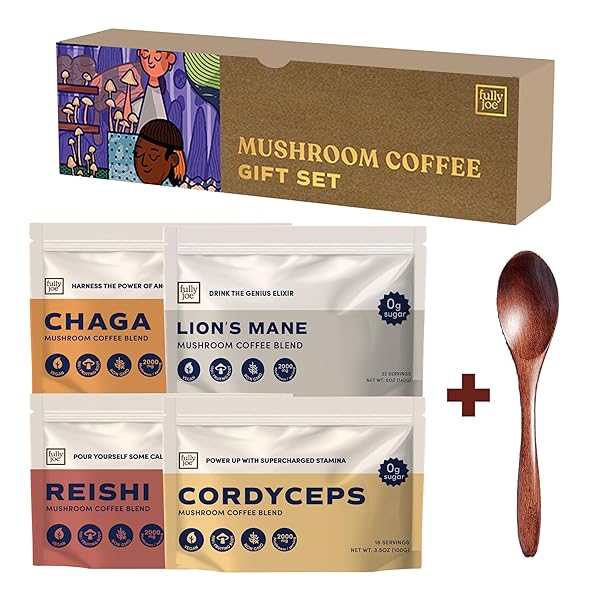 FULLY JOE MUSHROOM COFFEE GIFT SET WITH SUPERFOOD MUSHROOMS, INCLUDES LION’S MANE, REISHI, CHAGA, CORDYCEPS MIXED WITH GOURMET ARABICA INSTANT IMMUNE BOOSTING COFFEE FOR FOCUS & GUT HEALTH