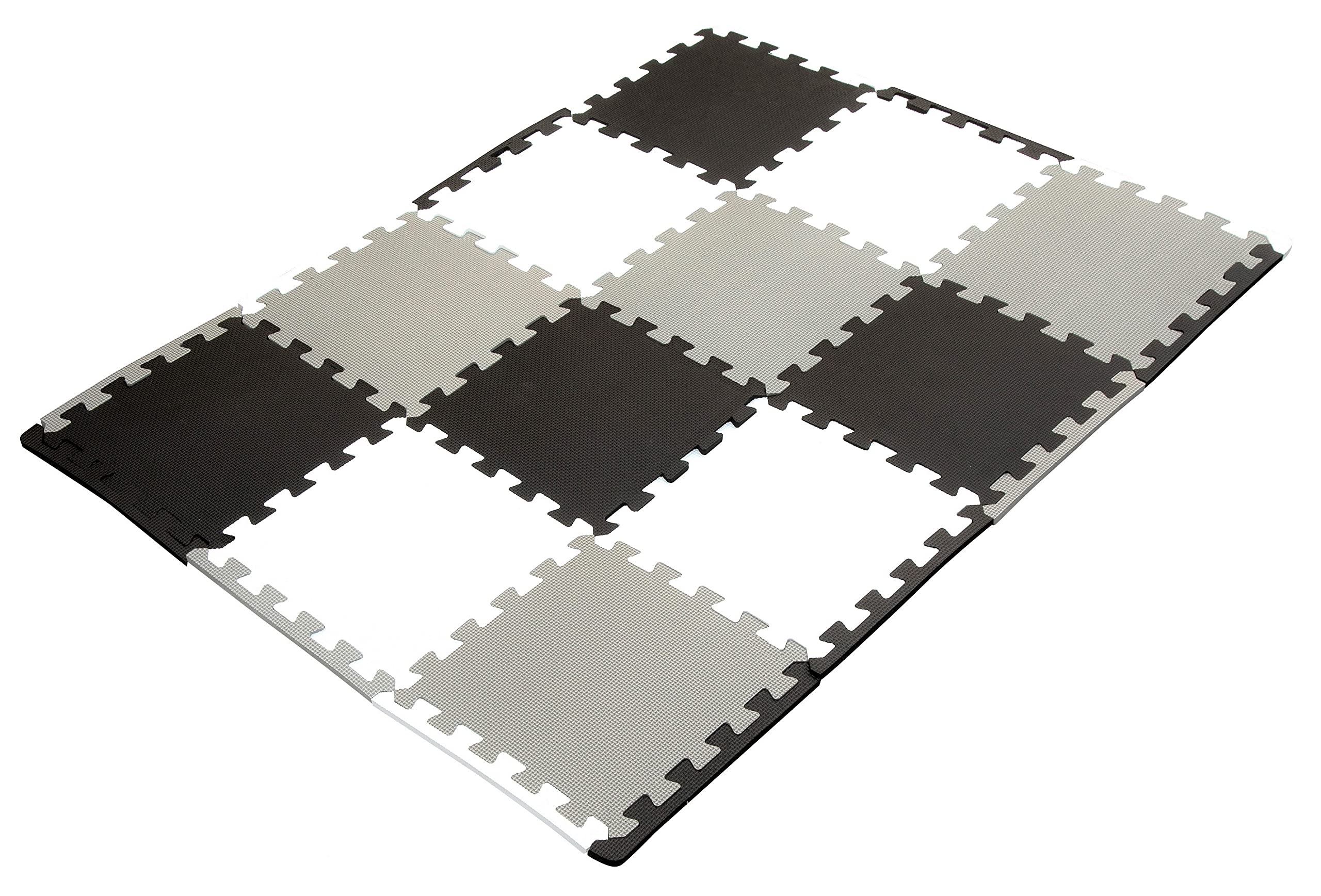 Edukit Foam Mats ; 12 Pieces and 14 Edges; 30.5 x 30.5cm; Black, Grey, White - Non-Slip Interlocking Puzzle Floor Tiles for Home, Gym, Playroom