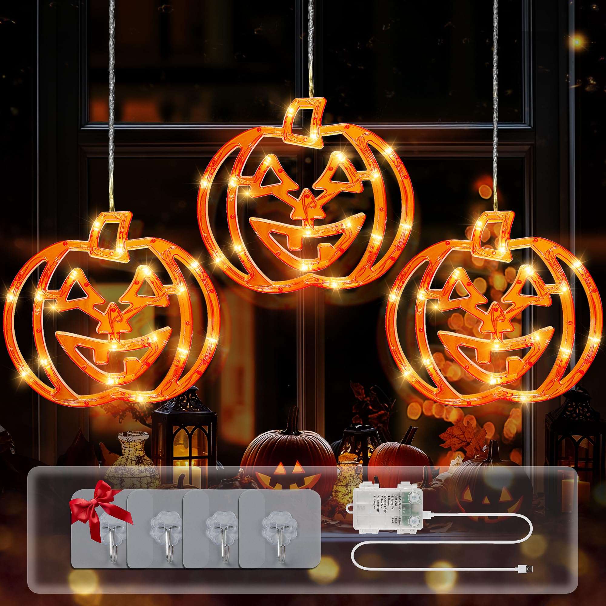 Photo 1 of BEEWIN Halloween Window Lights, 48 LED 3 Orange Pumpkin Halloween Lights with Timer, 8 Modes Waterproof USB and Battery Operated Hanging Light for Outdoor Indoor Patio Party Home Decorations