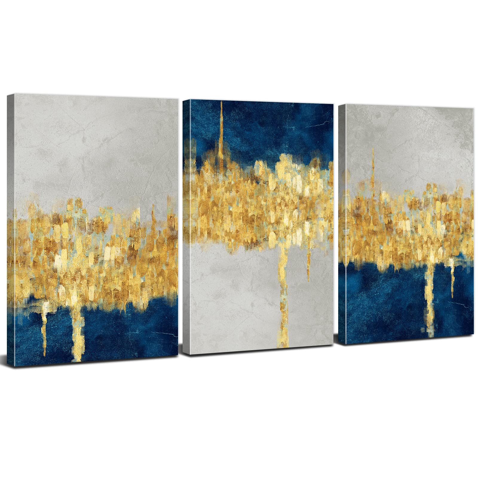 Navy Blue Abstract Wall Art Marble Canvas Pictures for Living Room Decor Abstract Gold Textured Ink Prints Set of 3, Watercolor Wall Paintings Neutral Poster Handing Artwork Bedroom Decorations 12x16"