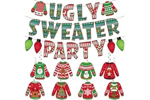 BISWITER Ugly Sweater Party Decorations Banner and Hanging Swirls, Red Green Ugly Sweater Party Decorations of Ugly Sweater Banner and Foil Ceiling Swirls, Ugly Sweater Decorations for Party