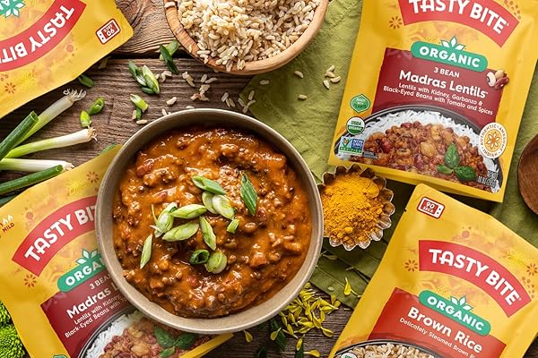 TASTYBITE ORGANIC THREE BEAN MADRAS LENTILS, 10 OZ