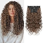 REECHO Curly Hair Extensions, 4PCS 16 inch Clip in Hair Extensions Lace Weft Short Curly Hair Extension Clip Ins Natural Hairpieces for Women, Light Caramel Brown