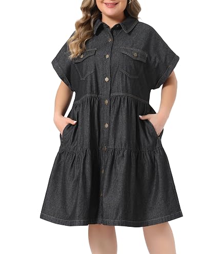 Agnes Orinda Women Plus Size Button Down Denim Dresses Blue