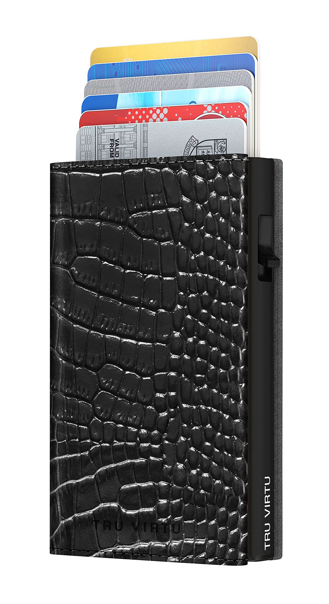 Tru Virtu® Click & Slide Card Wallet Sleek I Credit Card Holder I Card Holder RFID NFC Protection I Wallet Made of Genuine Italian Leather I Slim Wallet (Croco Black/Black)