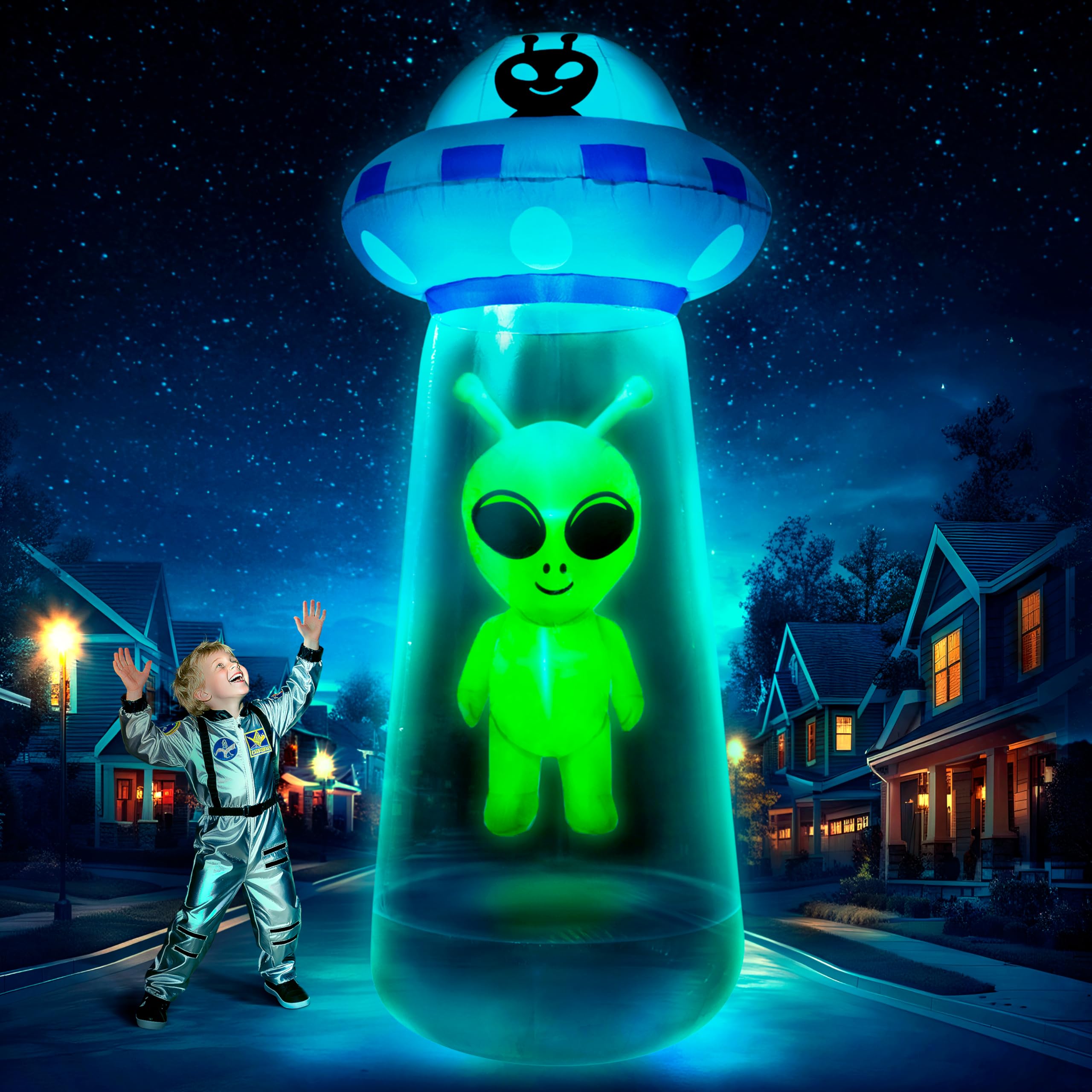 Photo 1 of zukakii 9.5Ft Towering Halloween Inflatables Decorations Outdoor UFO Alien, Huge Halloween Blow Up Yard Decorations UFO Alien Invasion with Built-in LED Light Strong Blower for Festival Party Lawn