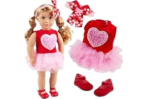 DRESS ALONG DOLLY 3pc Pink Heart Valentine's Day Outfit w Hair Bow - 18" Doll Clothes & Accessories Compatible w American Girl - VDay Set Includes Tutu Dress, Headband, & Red Shoes - Great Gift for Girls & Collectors