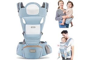 Safotad Baby Carrier with Hip Seat,Ergonomic M Position 6in1 Baby Carrier Newborn to Toddler,Head Support and Breathable Mesh Newborn Carrier,Adjustable Baby Holder Carrier for Dad&Mom-Blue