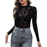 KTILG Womens Mesh Long Sleeve Top Sheer Blouse Sexy See Through Tee Shirt Lace Tops S-XXL