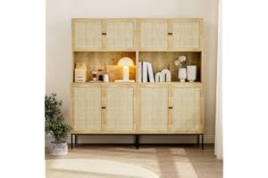 IKIFLY Set of 2 Kitchen Pantry Storage Cabinet, Sideboard Buffet Cabinet with Rattan Doors & Large Countertop, Freestanding Tall Cupboard with Outlet and USB Ports - Natural