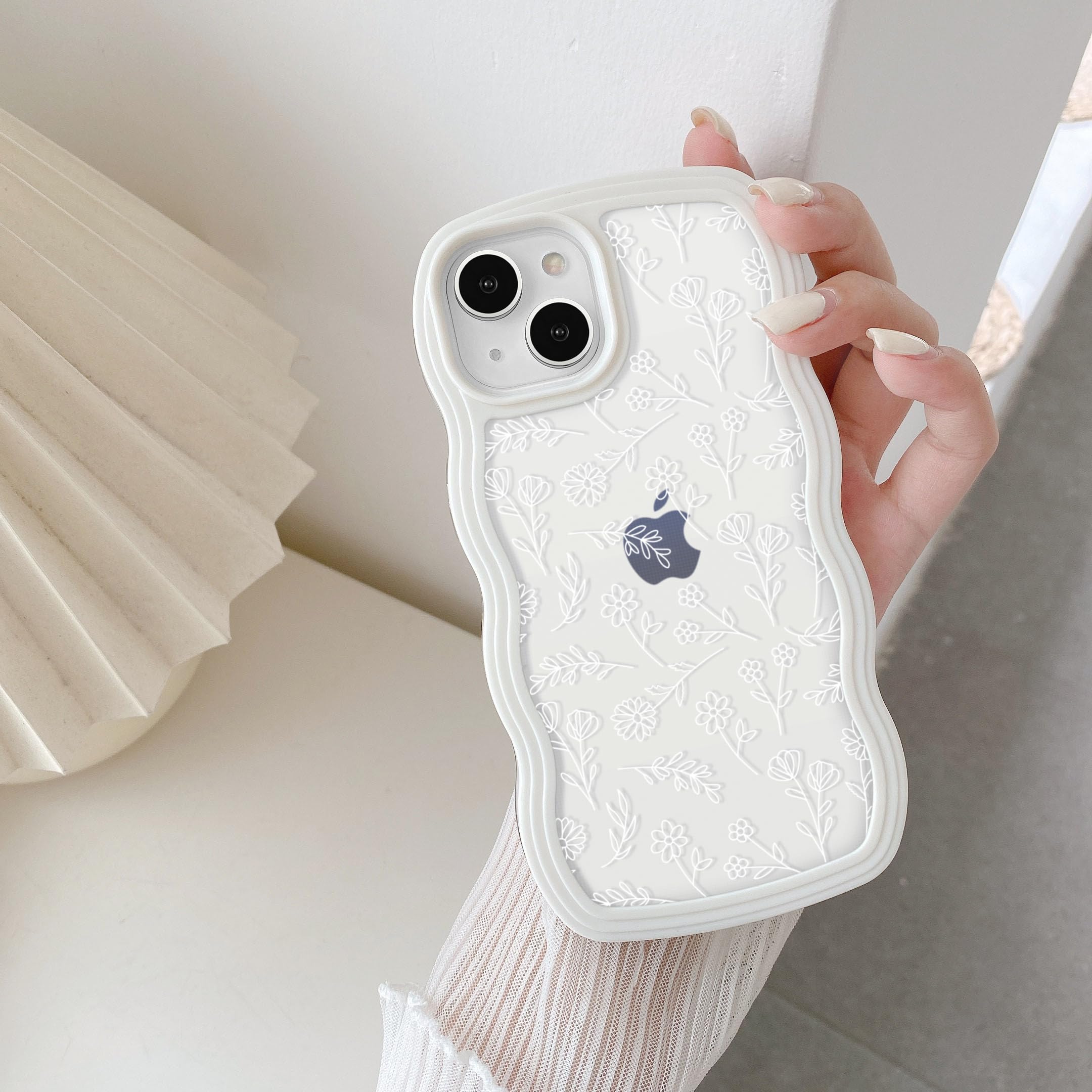 QLTYPRI for iPhone 13/iPhone 14 Case, Cute Curly Wave Frame Clear Case for Girls Women, Flower Clear TPU Bumper Soft Silicone Shockproof Protective Phone Cover for iPhone 13/14-White Floral/White