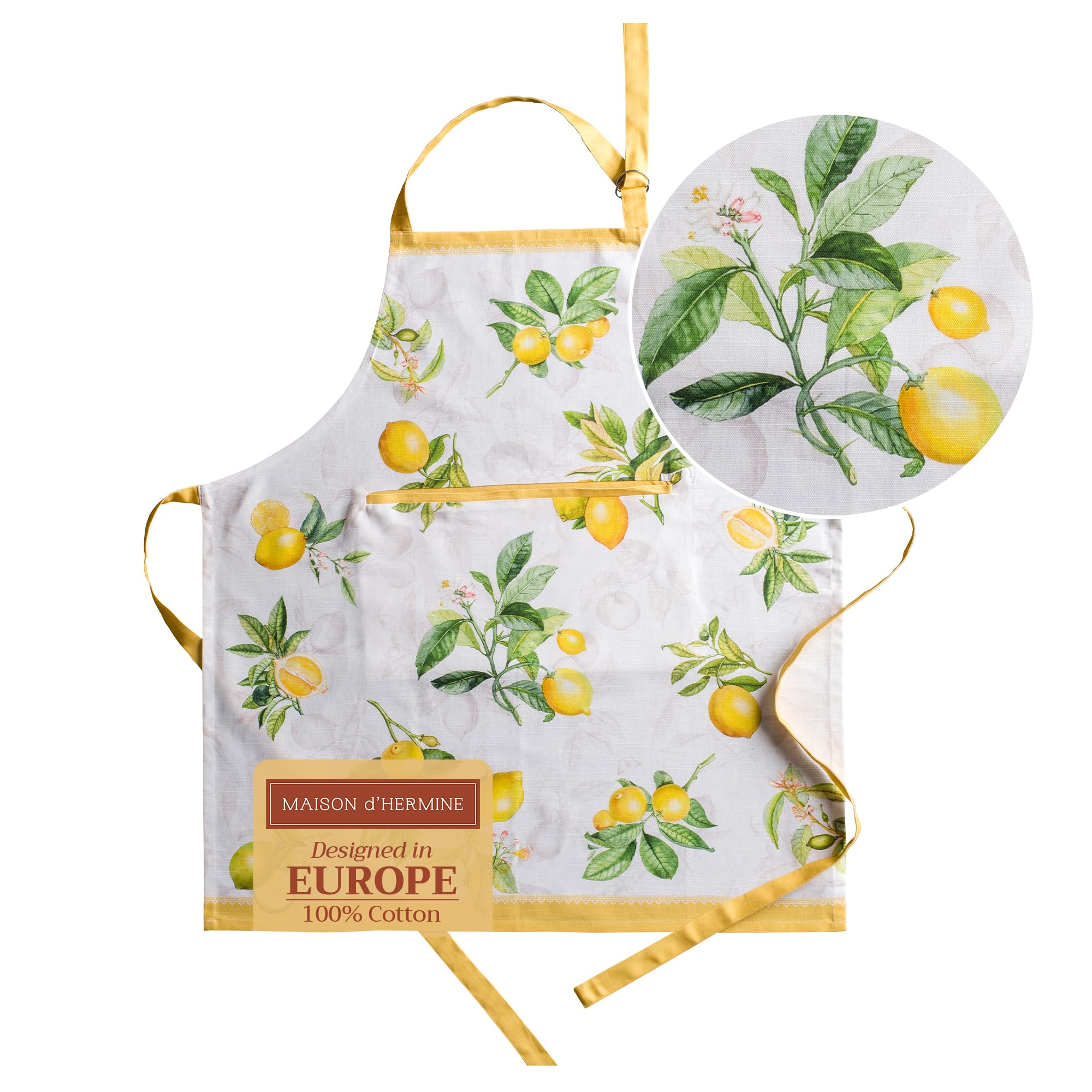 Maison d' Hermine 100% Cotton Apron for women with Pocket Kitchen Chef Spring/Summer Apron for Men Cooking Gardening Server Waitress Maid - (Limoncello, 85 cm x 70 cm)
