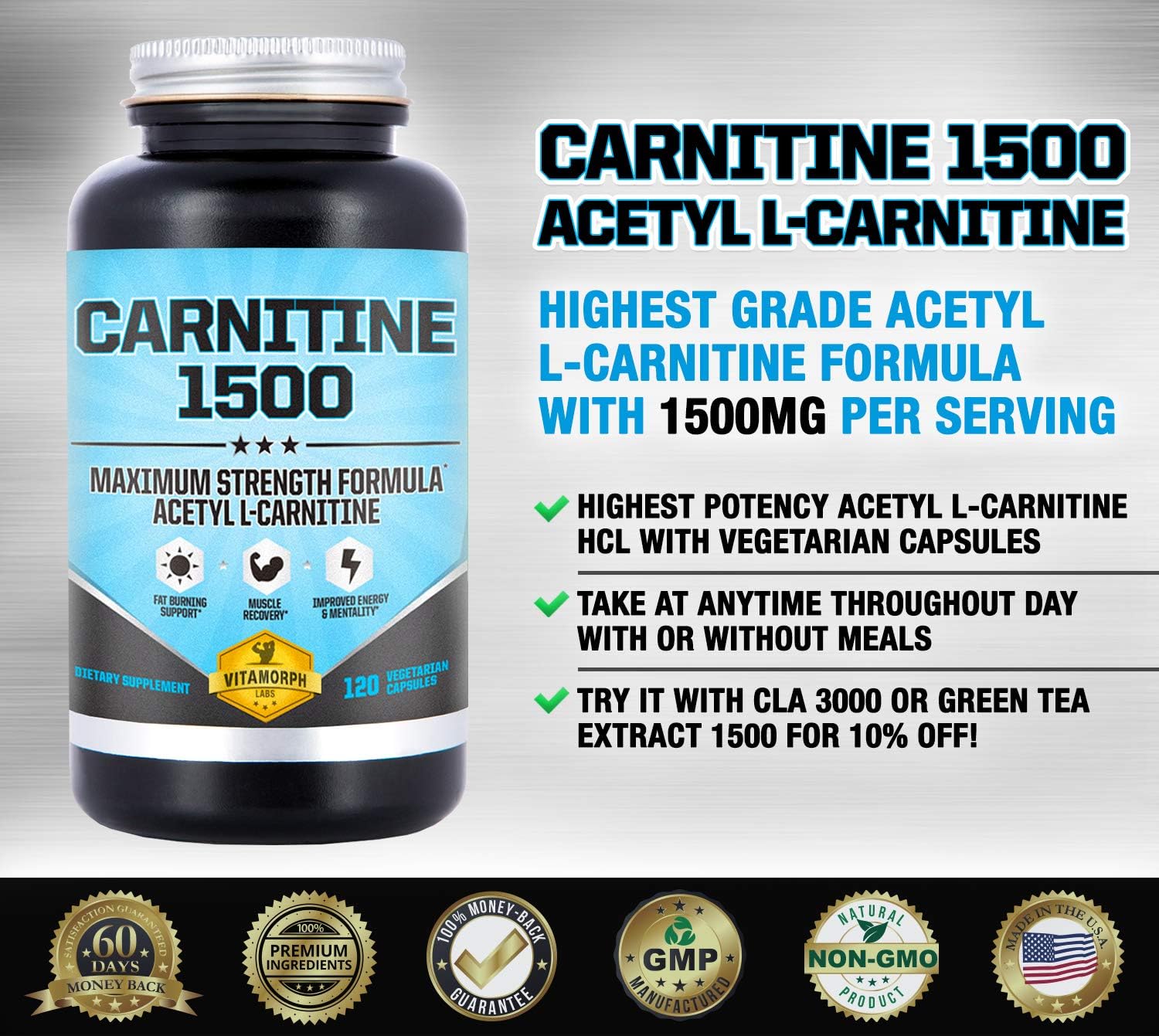 Carnitine 1500 - Acetyl L-Carnitine 1500mg Maximum Strength Carnitine Supplement - Supports Energy, Memory, Focus and Weight Loss Management by Vitamorph Labs - 120 Vegetarian Capsules: Health & Personal Care