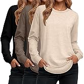 Ficerd 3 Pack Women's Long Sleeve Shirts, Cotton Crew Neck Tunic Tops Casual Loose Fit Pullover Sweatshirts Curved Hem Shirts