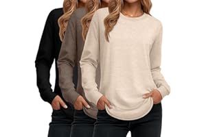 Ficerd 3 Pack Women's Long Sleeve Shirts, Cotton Crew Neck Tunic Tops Casual Loose Fit Pullover Sweatshirts Curved Hem Shirts