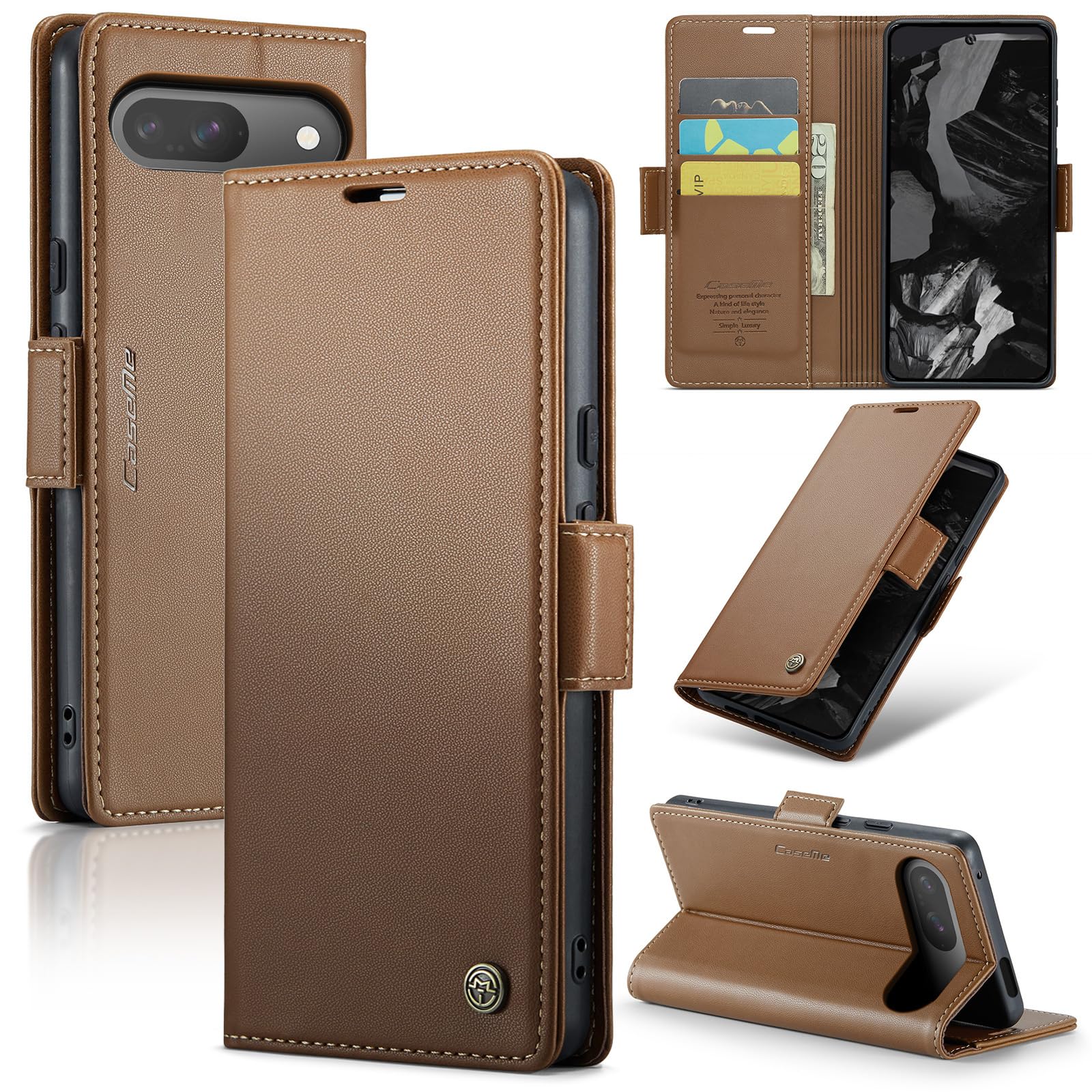 MiKoyi Compatible with Google Pixel 9 Case, PU Leather Flip Wallet Leather Case with [3 Card Slots] [Magnetic Closure] [Bracket Function] Shockproof Flip Book Cover for Google Pixel 9 Pro, Brown