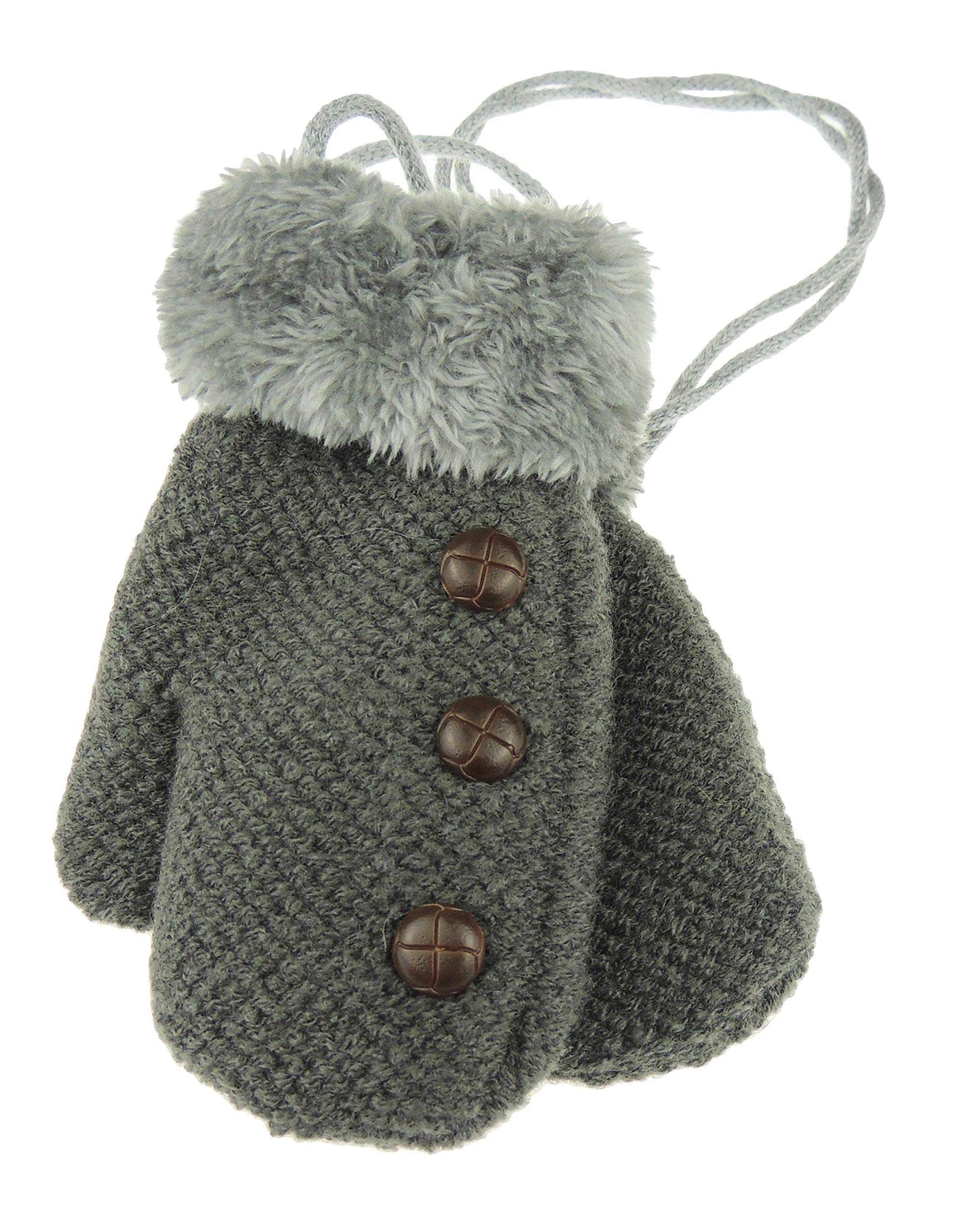 Cute Baby Boys Toddler Babies Childrens Kids Accessories Warm Winter Knit Knitted Stay On Mitts Outdoor Autumn Shower Fluffy Fleece Lined Snow Mittens Gloves 6 9 12 15 Months Tweedy Button (Dark Grey)