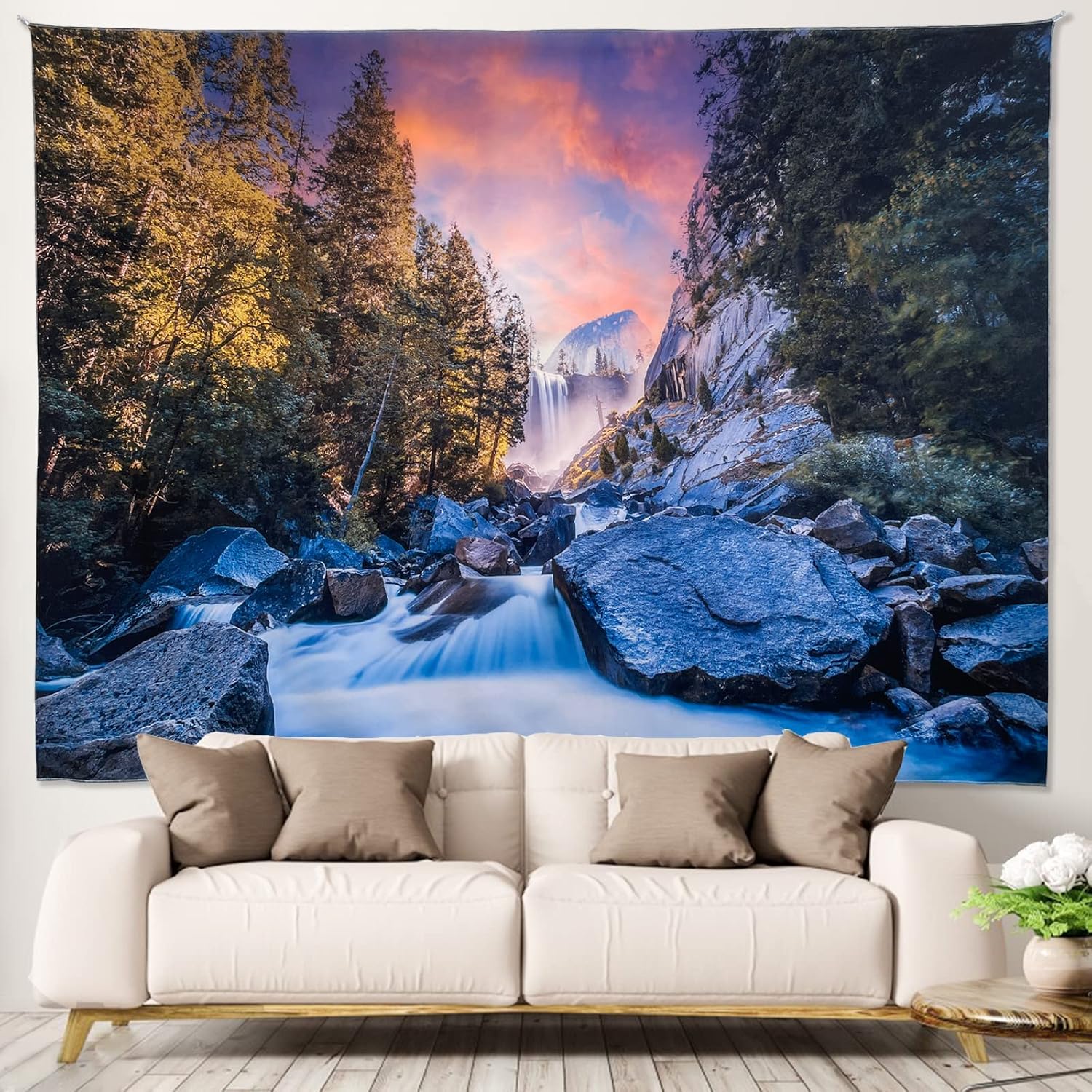 Tapestries - willyang Small Waterfall Plant Tapestry, Forest Tree River Space Background Bedroom Living Room Dormitory Office Wall Hanging, Purple Dreamlike Party Decorations, 51.2