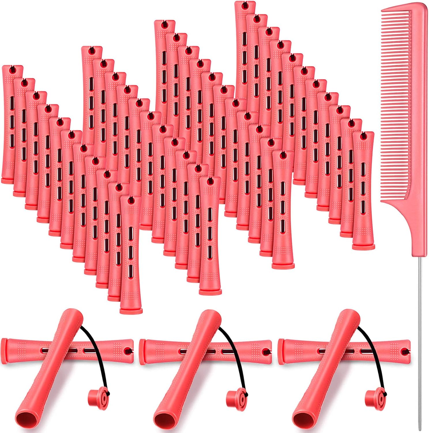 48 Pieces Hair Perm Rods Short Cold Wave Plastic Perming Hair Curling Rollers With Steel Pintail Comb Rat Tail Comb for Hairdressing Styling Supplies (0.51 Inch