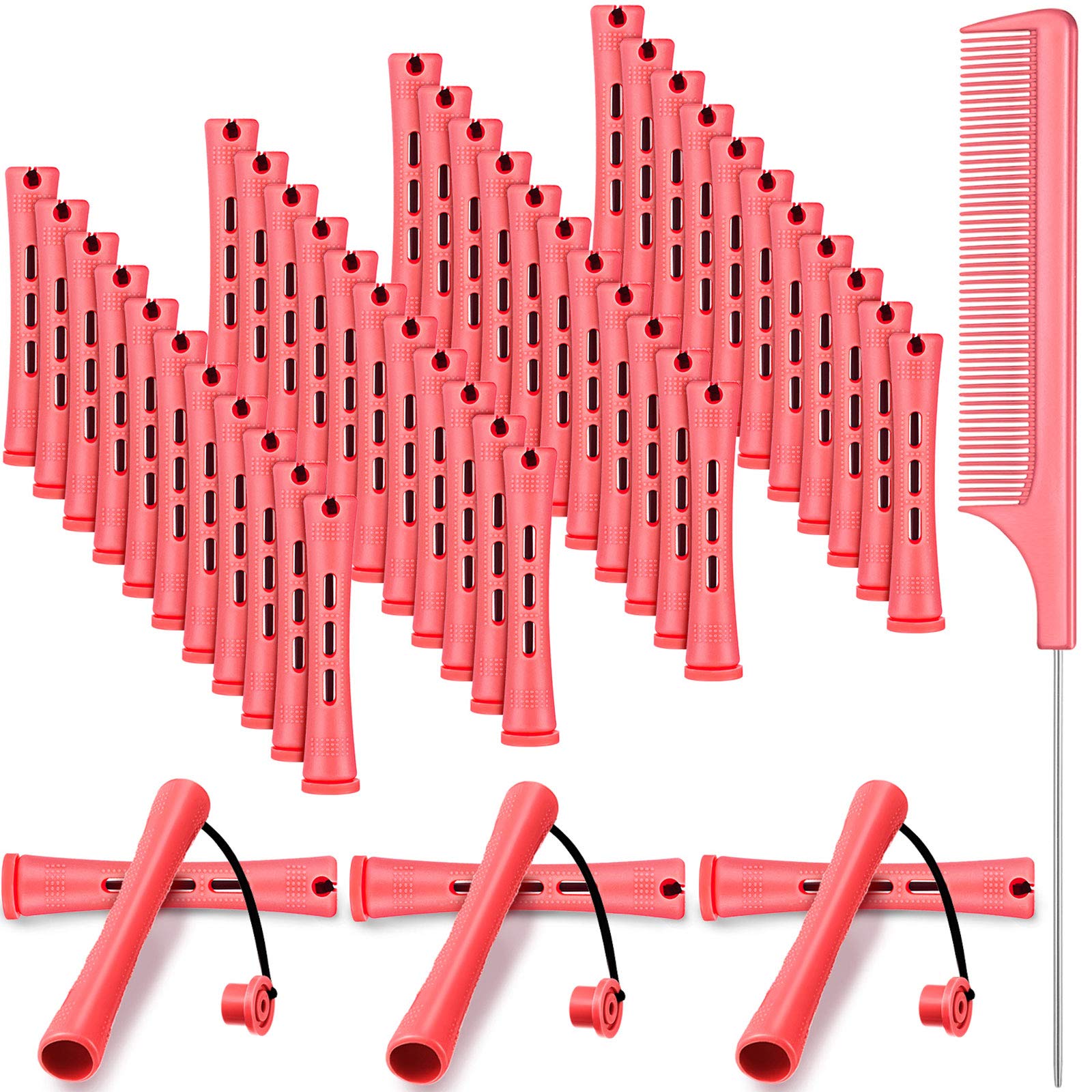 48 Pieces Hair Perm Rods Short Cold Wave Plastic Perming Hair Curling Rollers With Steel Pintail Comb Rat Tail Comb for Hairdressing Styling Supplies (0.51 Inch, Pink)