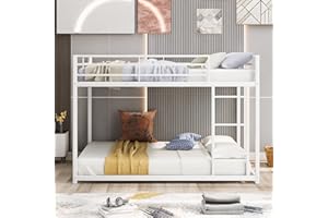 BOVZA Metal Full Over Full Bunk Beds, Floor Low Bunk Bed Frame with Built-in Ladder for Kids/Teens, White