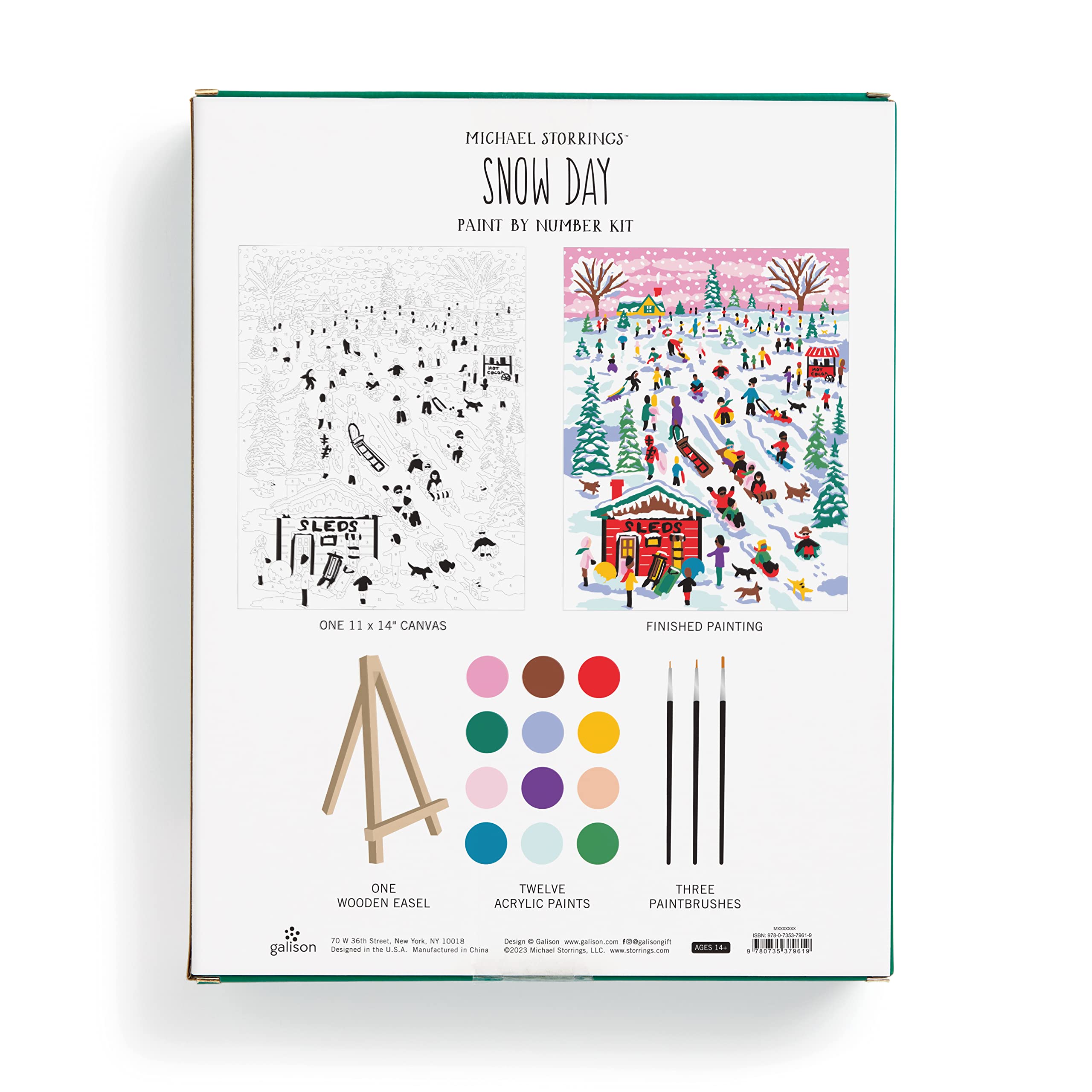 Galison Michael Storrings Snow Day – DIY Paint by Number Kit with Stunning Snow Day Sledding Art for Beginners and Experts Includes Easel Paint and Brushes,White