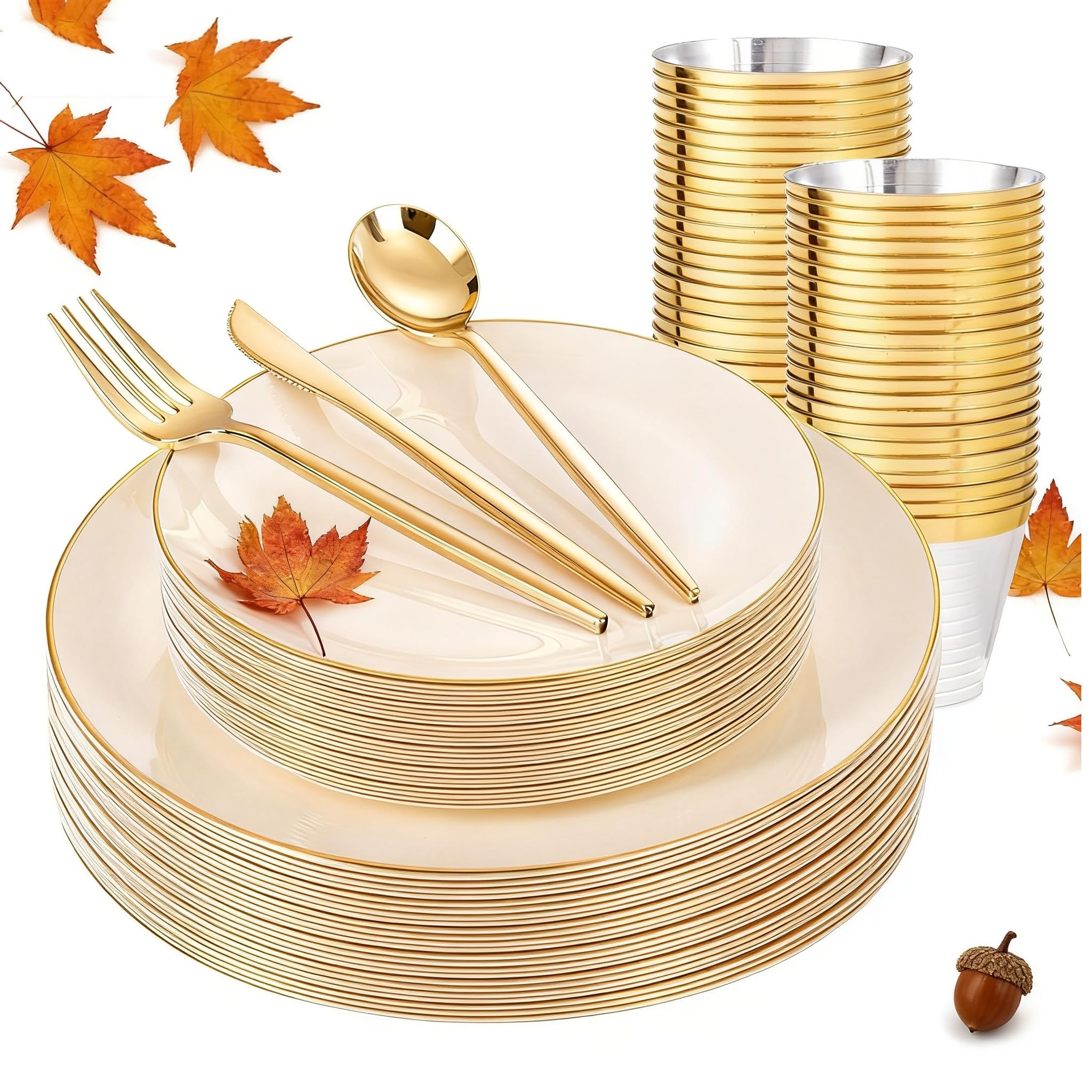 Photo 1 of bUCLA 150PCS Ivory Plastic Plates with Gold Trim - Heavy Duty Cream Plastic Disposable for Party & Thanksgiving - Include 25 Each?Dinner & Dessert? Plates, 25 Knives, 25 Forks, 25 Spoons & 25 Cups