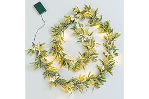 ETHEREAL LOMOER 6.6 FT Pre-lit Christams Garland with 20 LED Lights, Battery Operated, Lighted Garland Decorated with Snowflakes for Mantle Stairs Wall, Indoor&Outdoor Olive Greenery Garland for Christmas Decorations