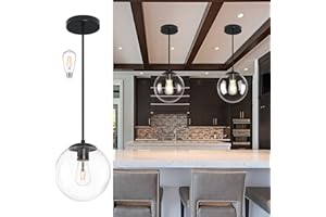 BAGOOD 10 Inch Globe Pendant Light Black Mid Century Pendant Light Contemporary Globe Pendant Lights Clear Glass Pendant Lights Adjustable Hanging Light Fixture Clear Glass with Black Finish for Dining Room