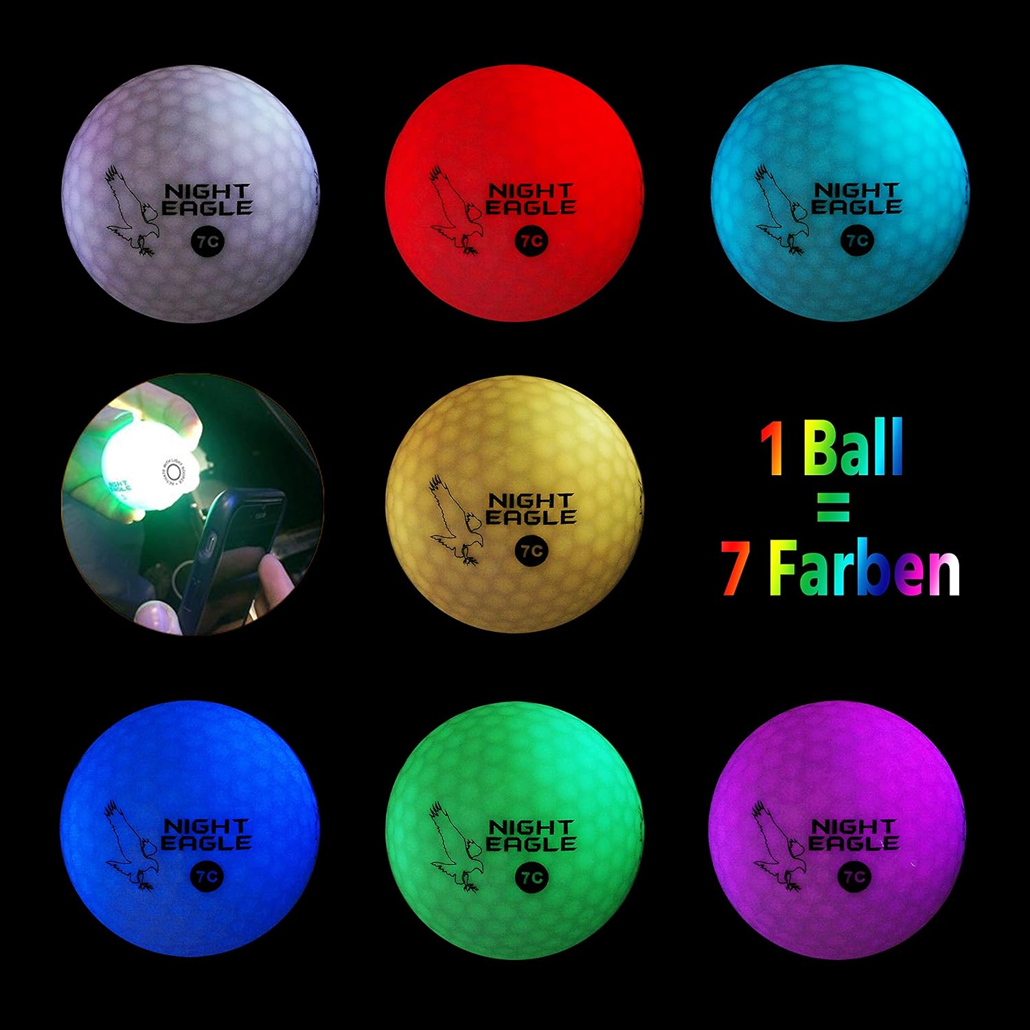 Night Eagle 6 LED Golfbälle Bunt LightUp 7c Nachtgolf leuchtet in 7