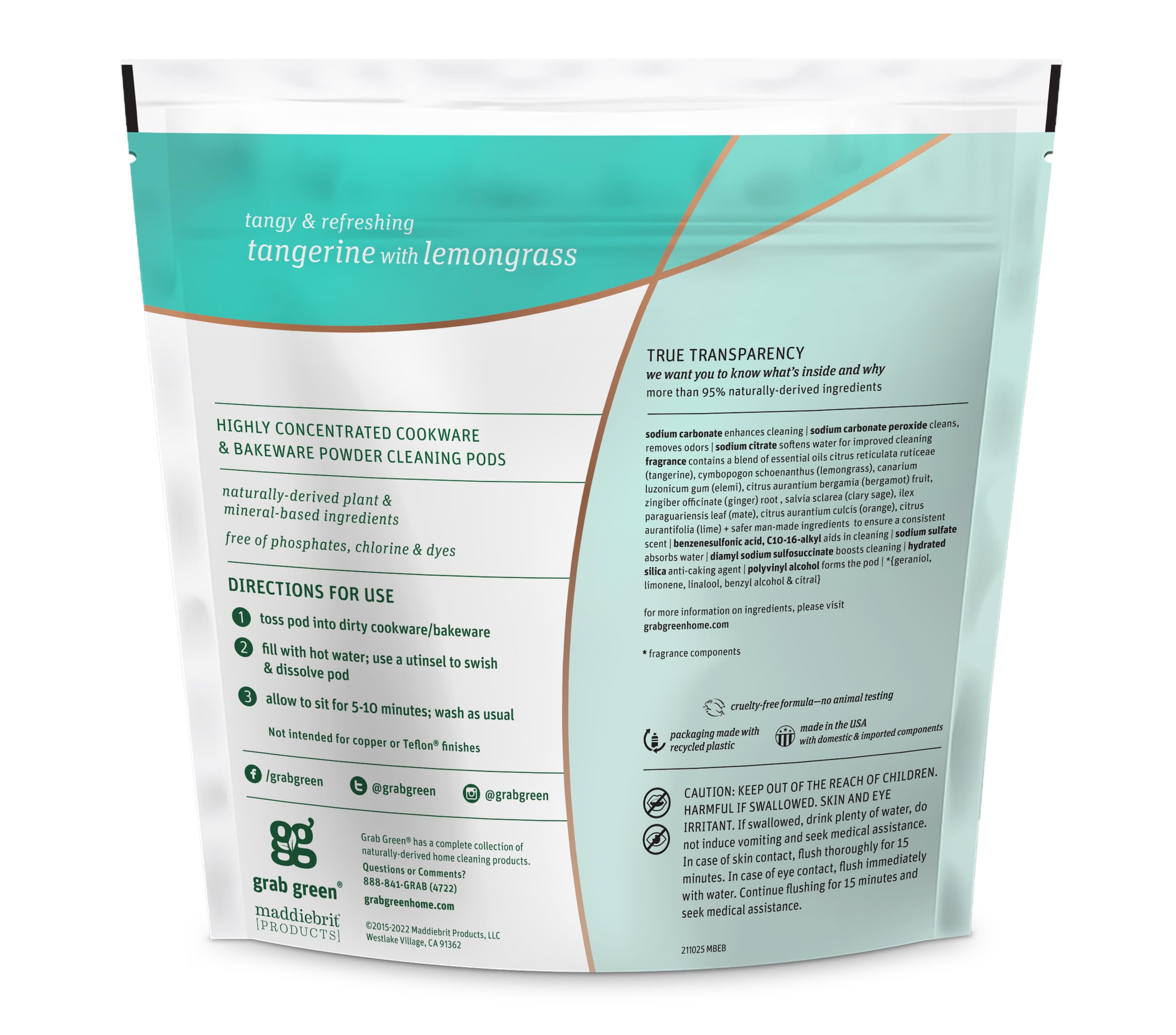 Grab Green Cookware and Bakeware Cleaner Pods, 60 Pods, Tangerine Lemongrass Scent, Plant and Mineral Based, Removes Burnt-On Food, Eliminates Stains