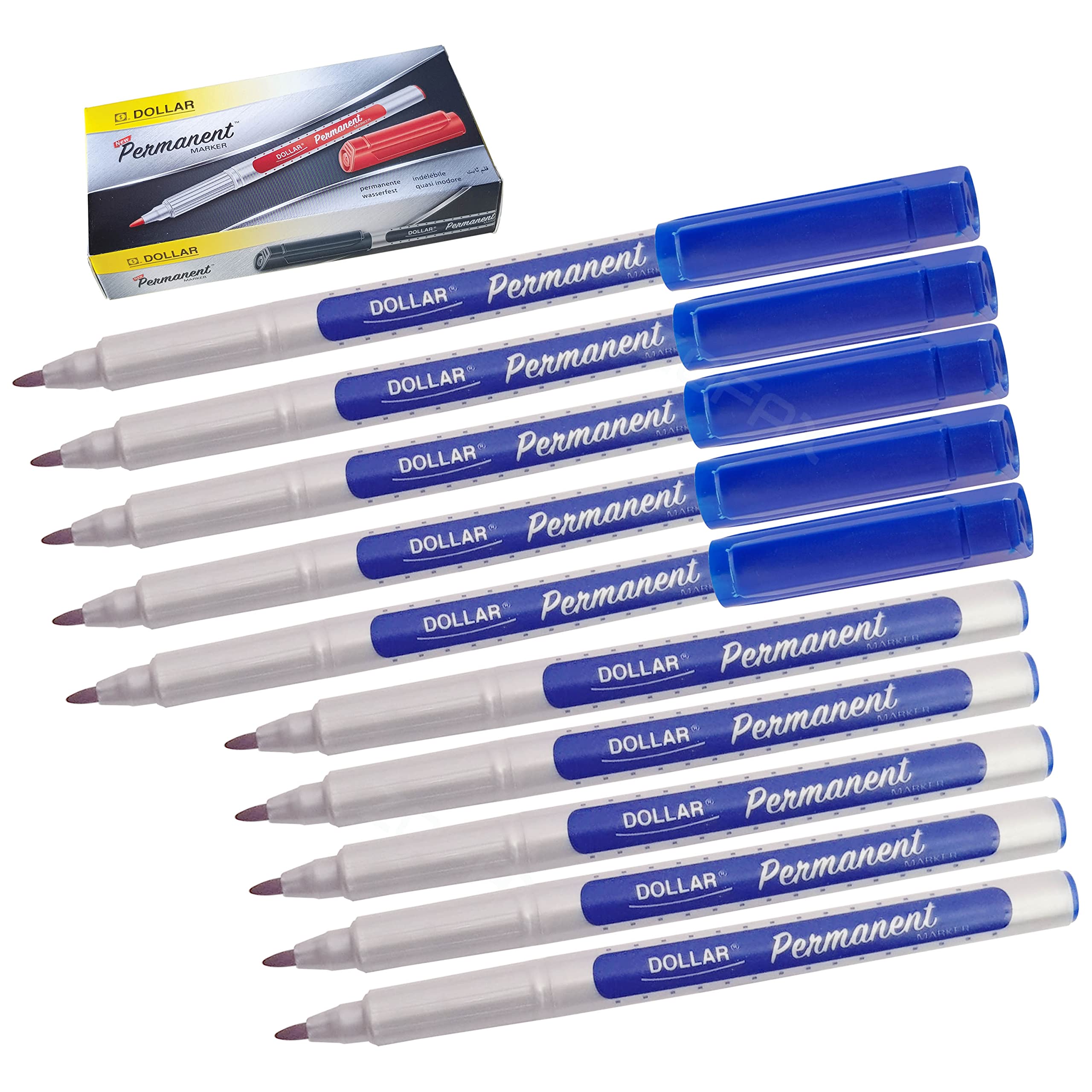 DOLLAR UM 1.0 Permanent Marker Pens, BLUE, Medium Point (1.0 mm), Pack of 10, Waterproof, Quick Drying, Mark Write Sketch, Writes Most Surfaces