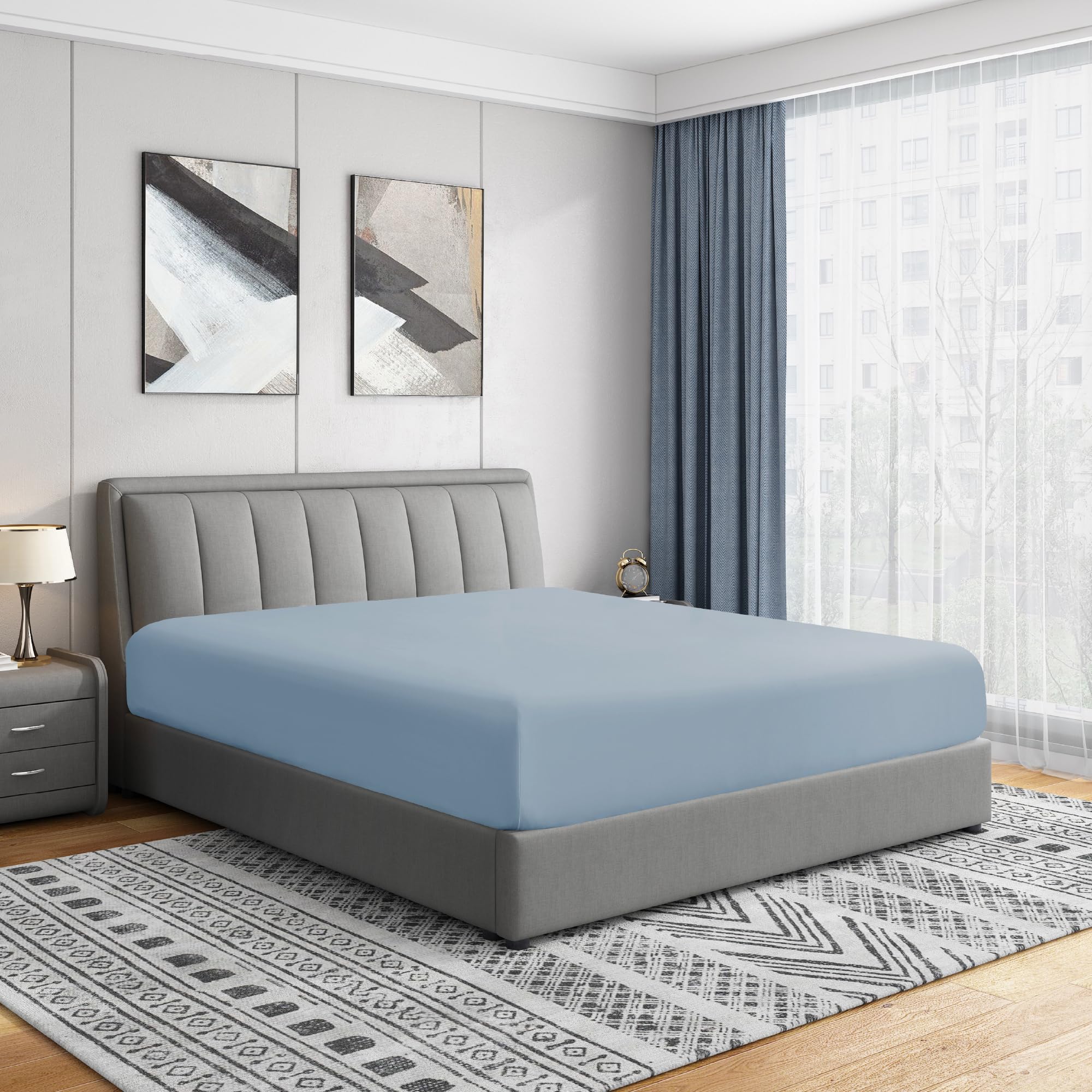 Cathay Home Luxury Wrinkle and Fade Resistant Double Brushed Ultra Soft Microfiber 14-Inch Standard Pocket Single Fitted Sheet, Blue Fog, Twin