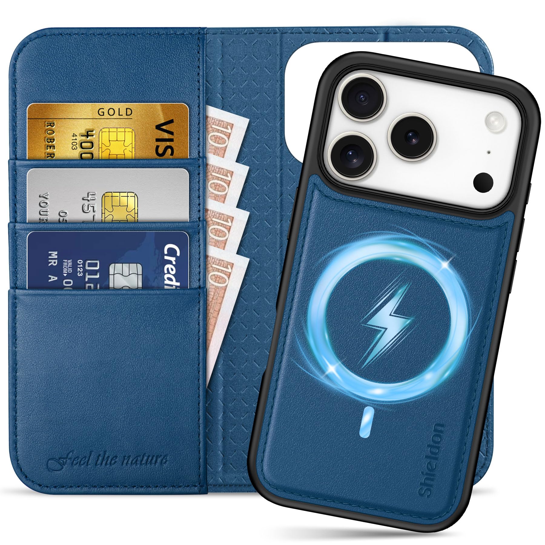 Photo 1 of SHIELDON Detachable Wallet Case for iPhone 17 Pro 6.3-inch | Genuine Leather, 2 in 1, Wireless Charging, RFID Blocking Card Holder, Kickstand, Folio, Magnetic, Shockproof Interior Cover - Royal Blue