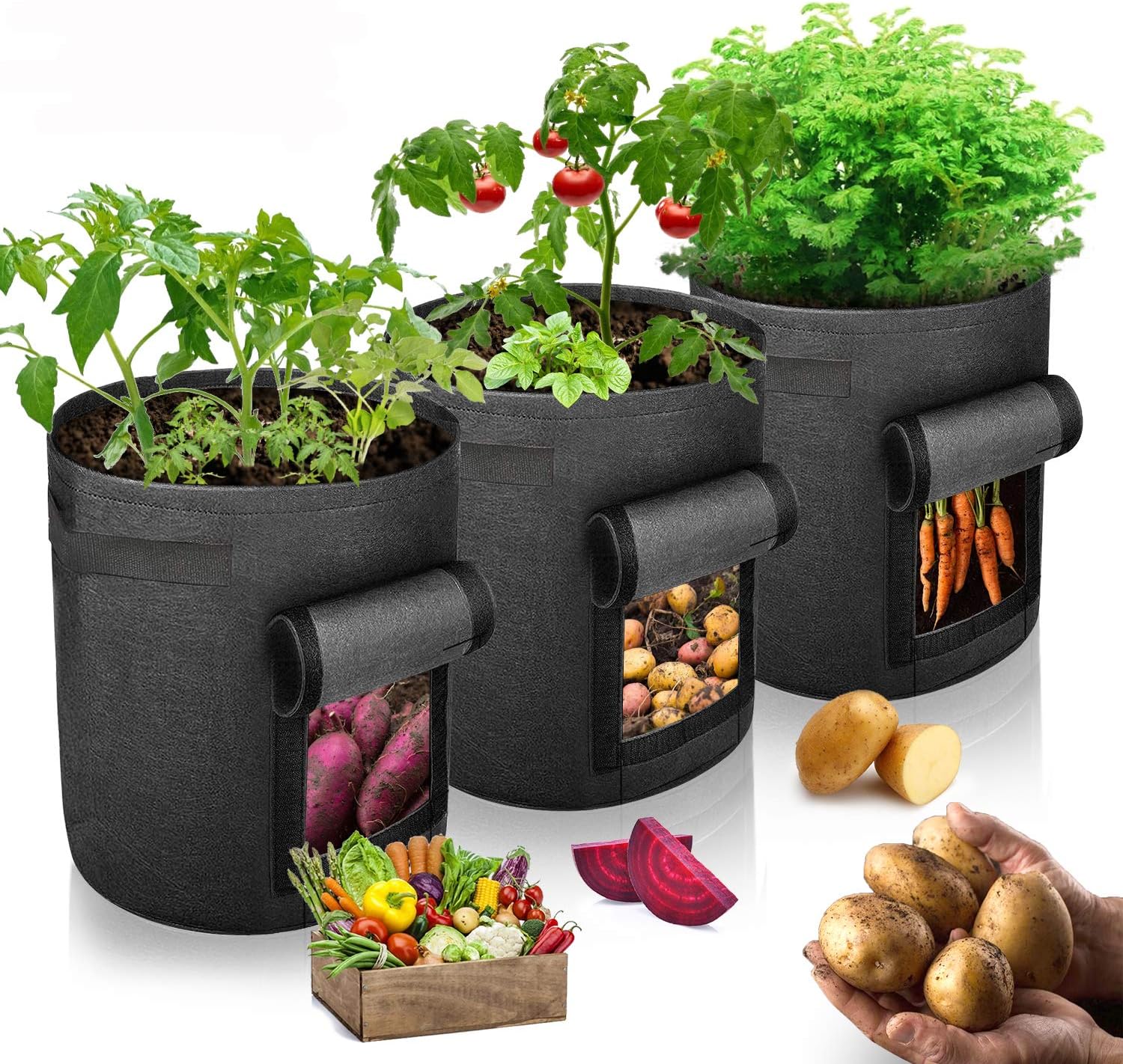 Smitave Potato Grow Bag, 3 Pack 7 Gallon Vegetable Grow Plant Bags with