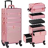 Somduy Rolling Makeup Case with Drawer, Makeup Train Case, 4 in 1Cosmetology Case on Wheels, Christmas Gift, Large Makeup Case Organizers, Profesional Cosmetic Case for Salon Barber, Light pink