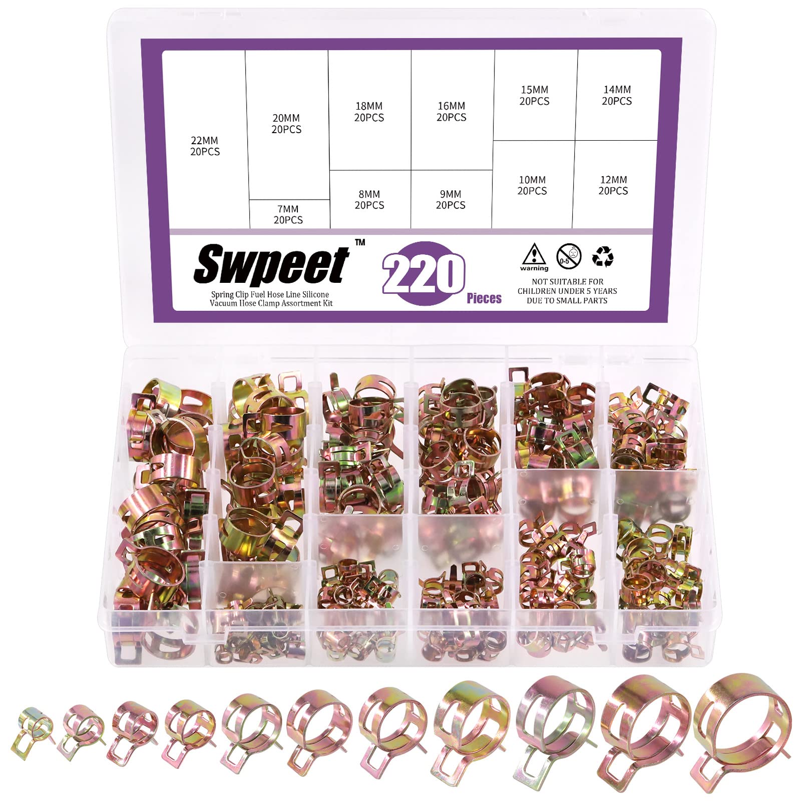 Swpeet 220Pcs 11 Sizes 7-22mm Spring Band Type Action Hose Clamps Pipe Clamp Assortment Kit, Silicone Vacuum Hose Action Pipe Clamp Low Pressure Air Clip Clamp for Hose Clamps