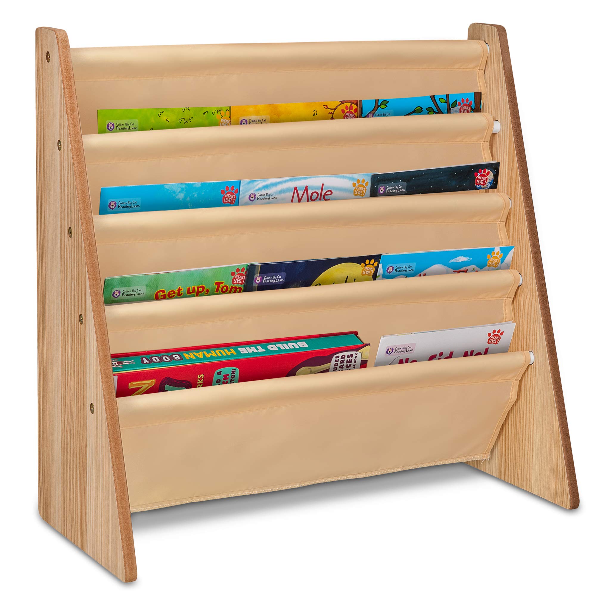 Fineway. 4 Tier Kids Book Storage Rack Wooden Sling Bookshelf Childrens Bookcase Shelves – With Soft Nylon Fabric – Ideal Story Books Organiser For Your Little ones - Natural Colour
